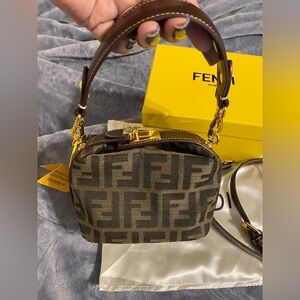 Fashion Zucca Mini Canvas Mono Hand/Wrist/Crossbody Leather Gold Hardware Bag